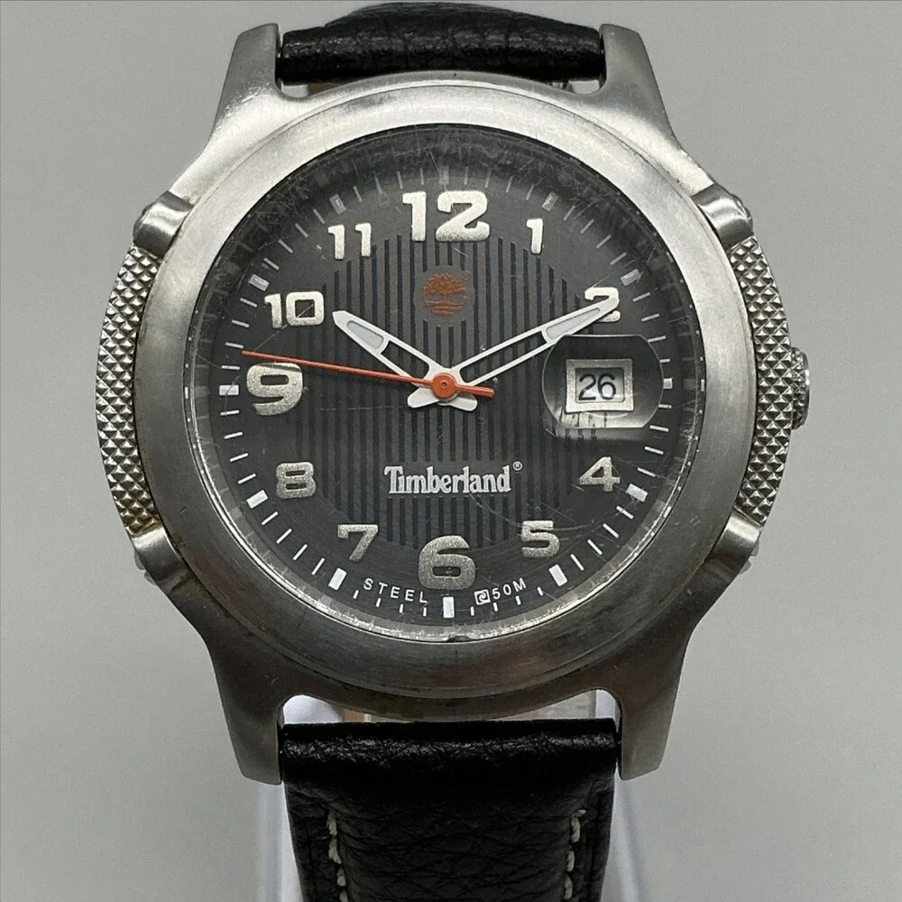 Timberland Mens Watch 40mm Black Dial Leather Date Indiglo 50M WR New Battery
